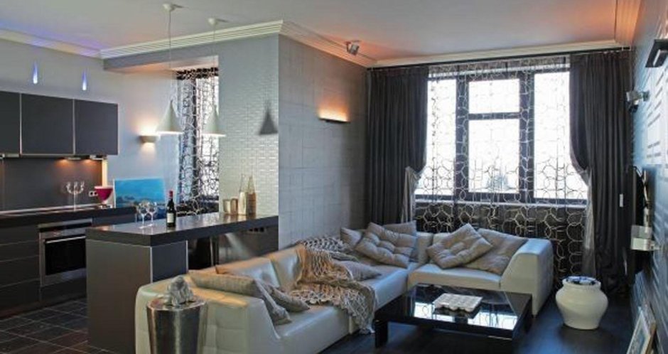 Кухня гостиная 30 метров с 2 окнами