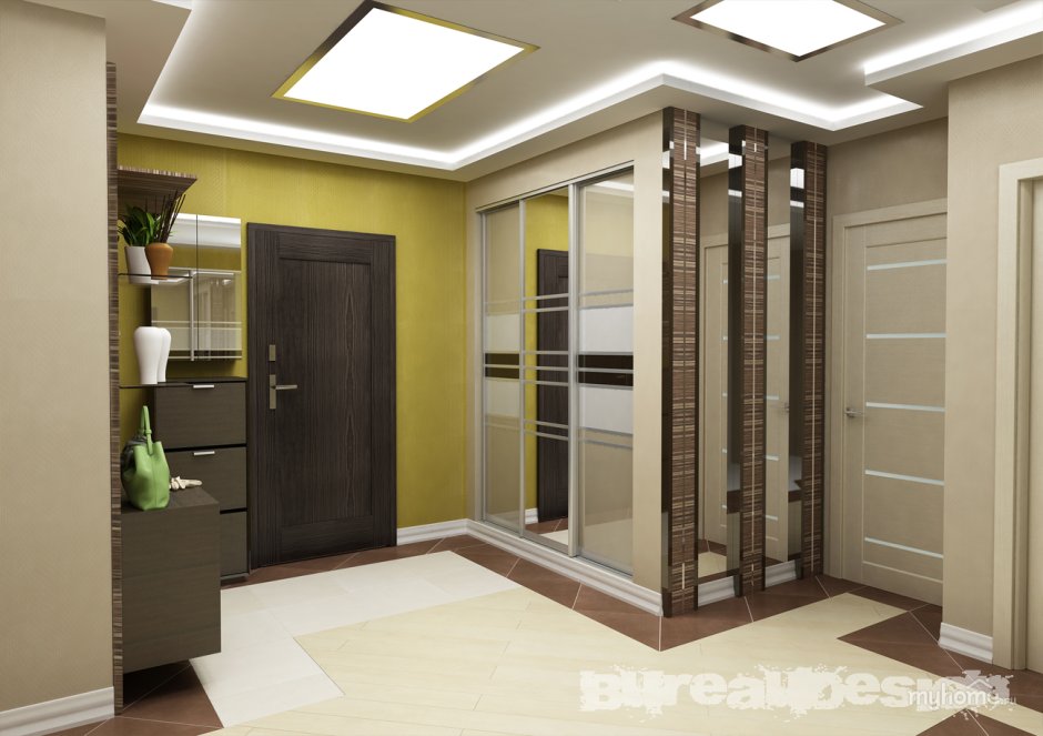 Квадратная прихожая с 4 дверьми