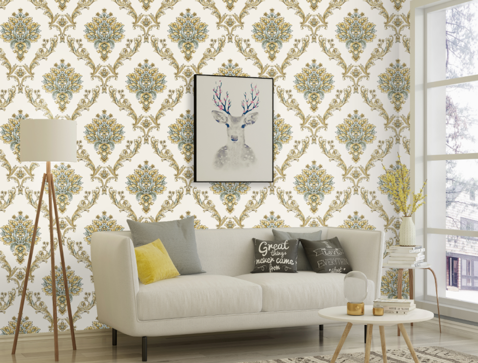 Обои Дамаск в интерьере гостиной