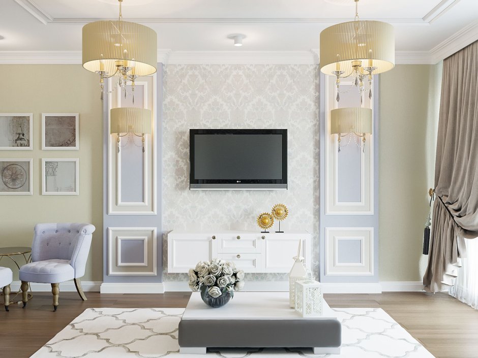 Обои с вензелями в интерьере гостиной