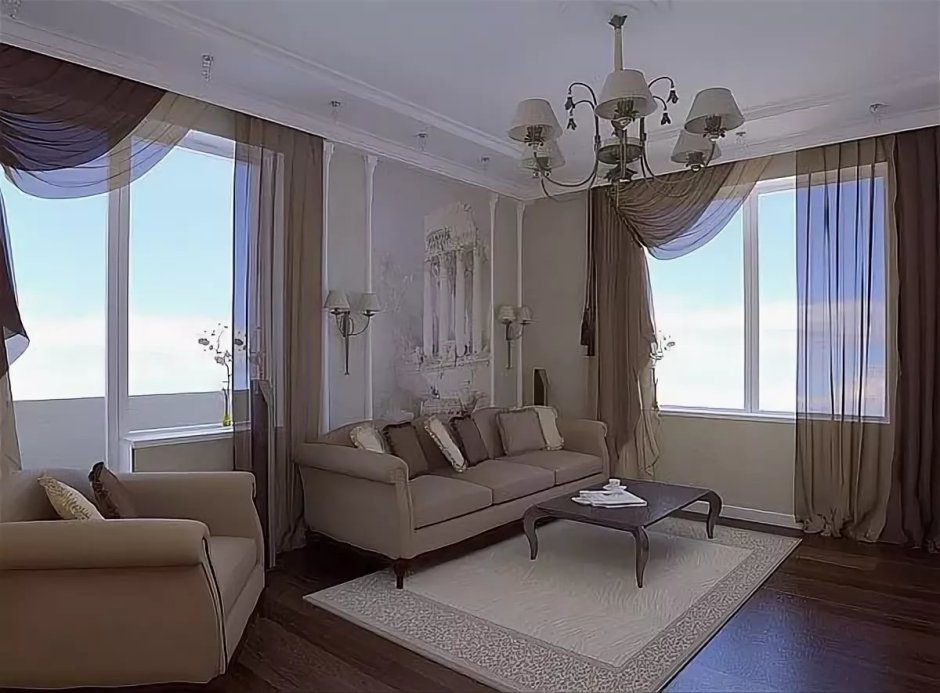 Зал с двумя окнами и балконом