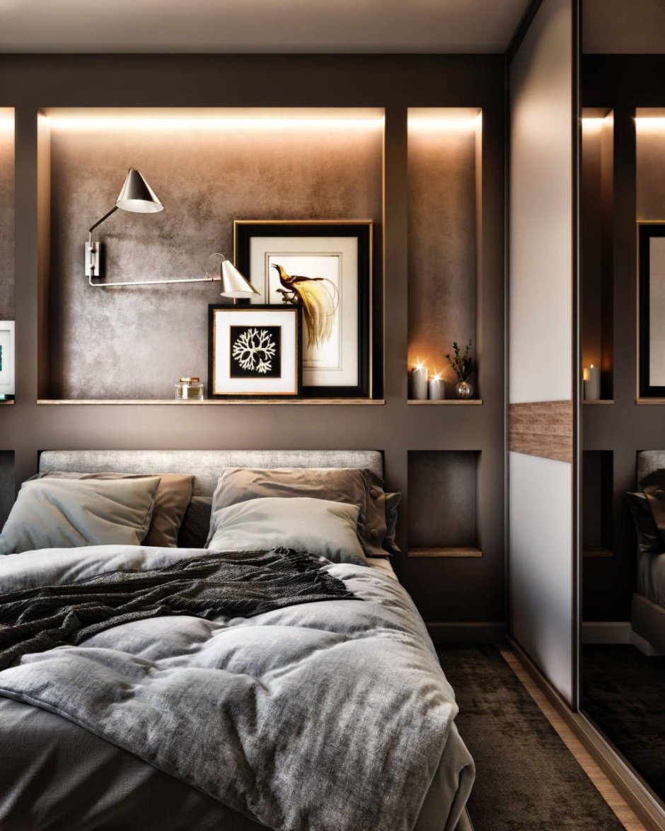 Коричнево серая спальня