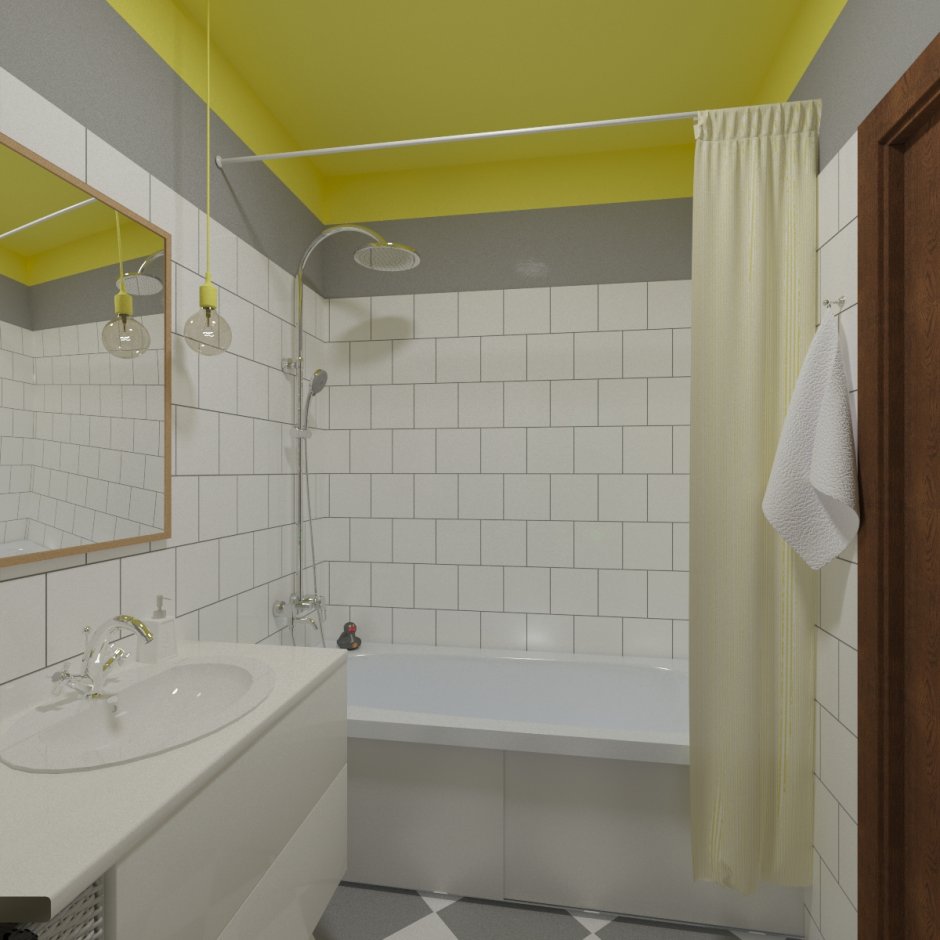 Жёлтый потолок в ванной комнате