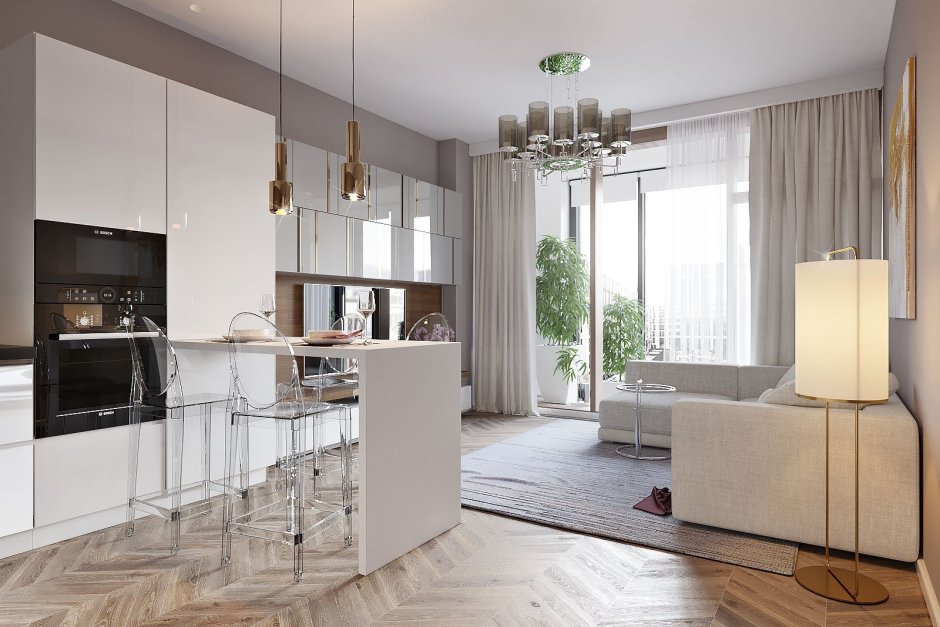 Линейная кухня в кухне гостиной