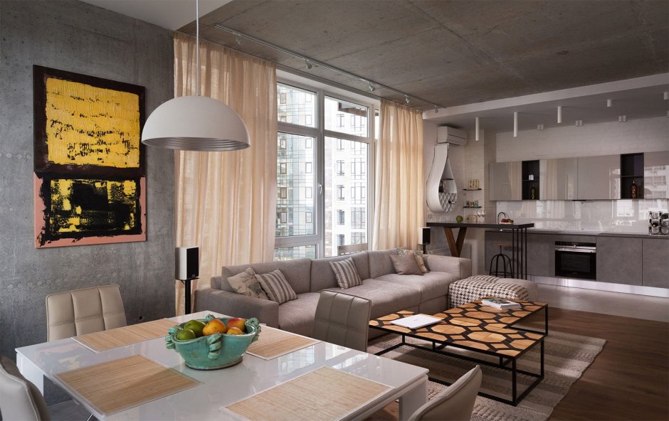 Кухня гостиная с панорамными окнами в скандинавском стиле