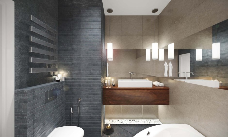 Ванная в светло серых тонах с деревом