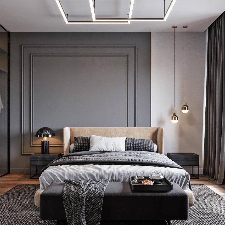 Спальня с молдингами в современном стиле