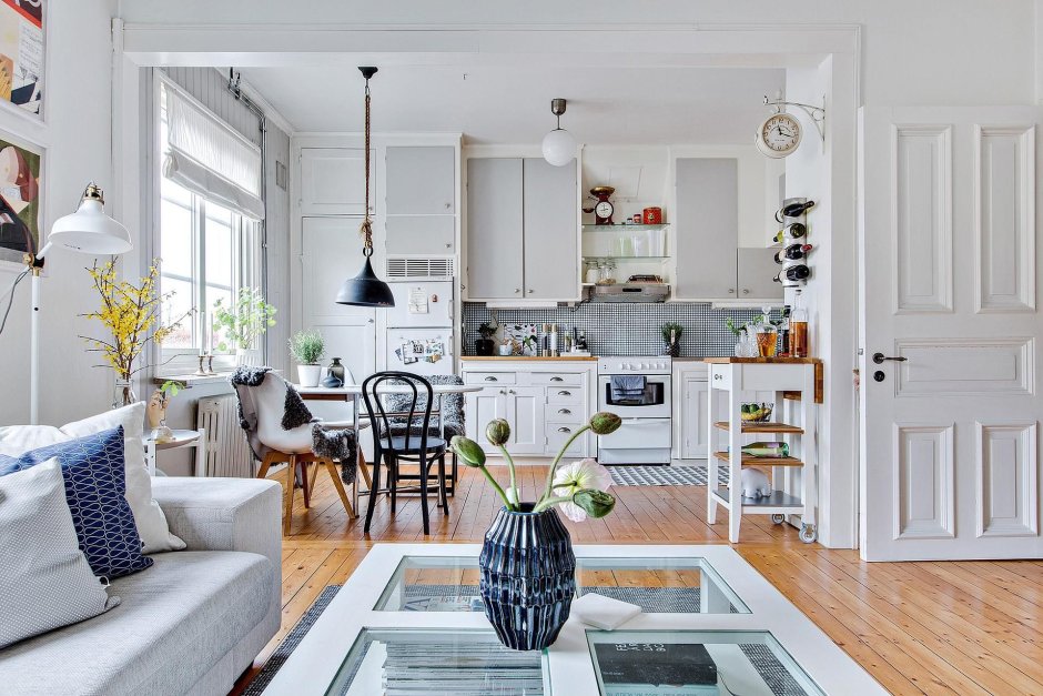 Скандинавский стиль кухня гостиная совмещенная