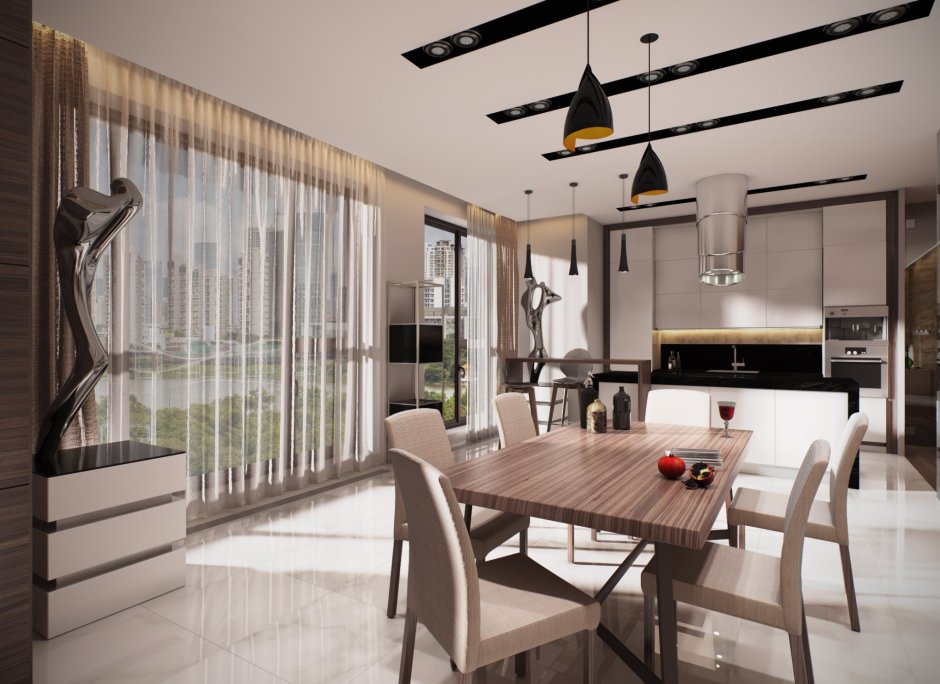 Гостиная столовая с панорамными окнами