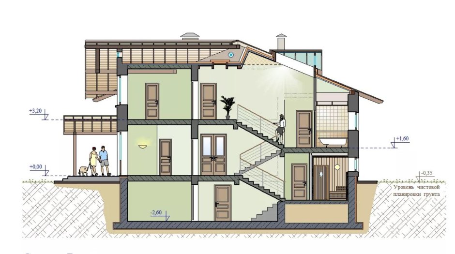 Разрез двухэтажного дома с подвалом чертеж