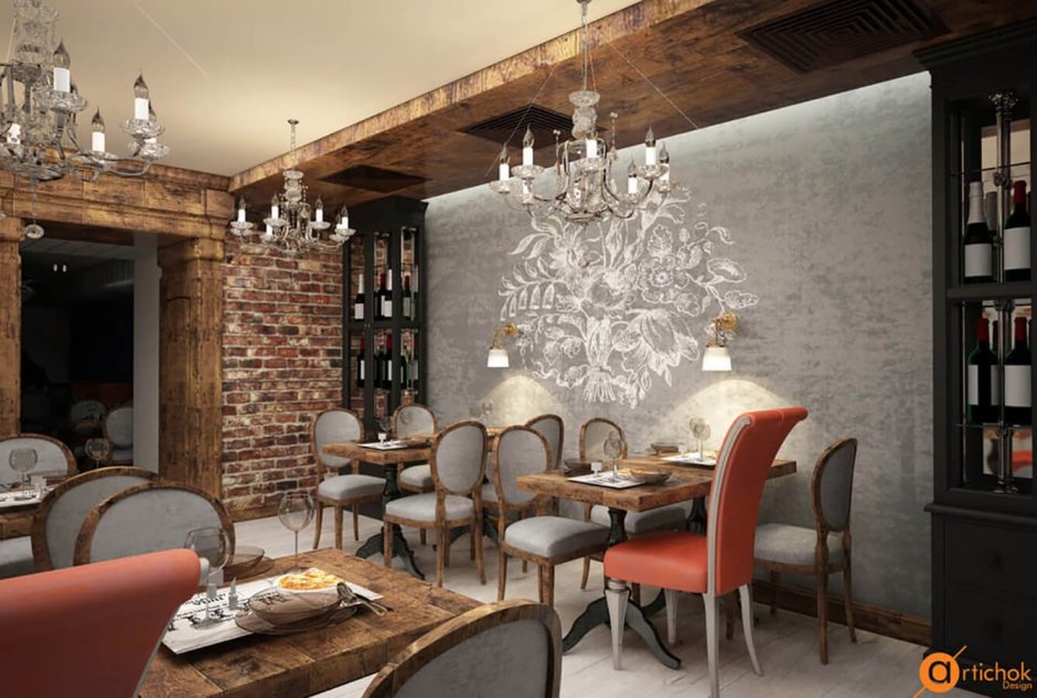 Интерьер ресторана с кирпичными стенами