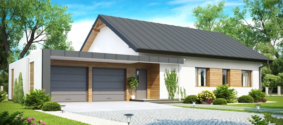 Одноэтажный дом с гаражом под одной крышей