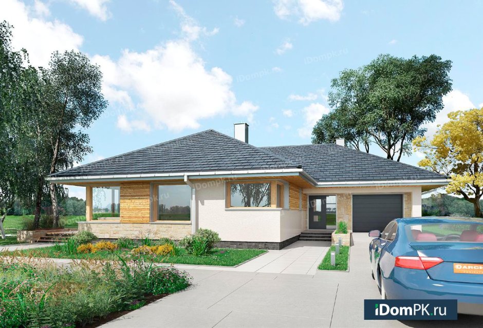 Г-образный дом одноэтажный с террасой