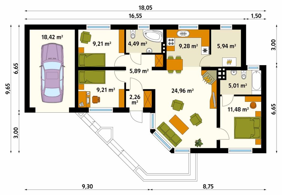 Одноэтажный дом с гаражом 100кв.м планировка