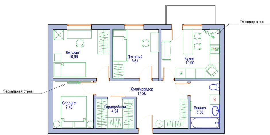 Перепланировка 4 комнатной хрущевки 60 кв.м
