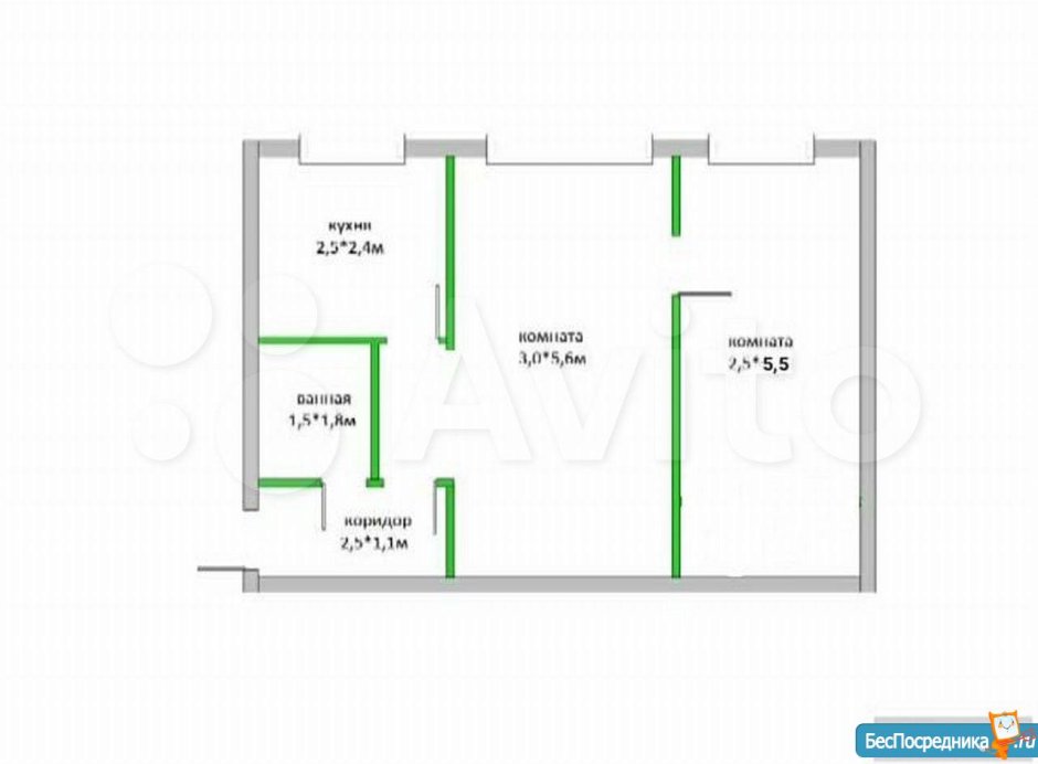 Планировка 2х комнатной квартиры 44м2 с размерами