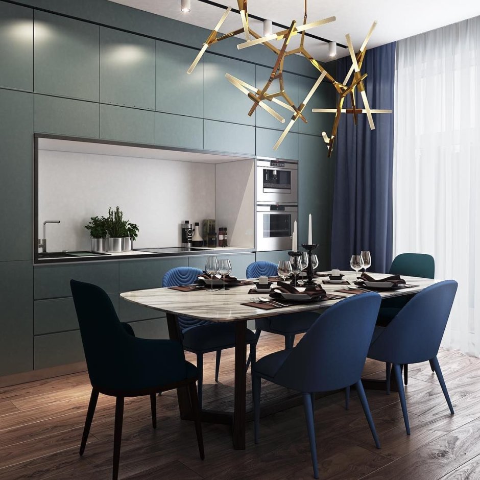 Кухня гостиная в холодных оттенках