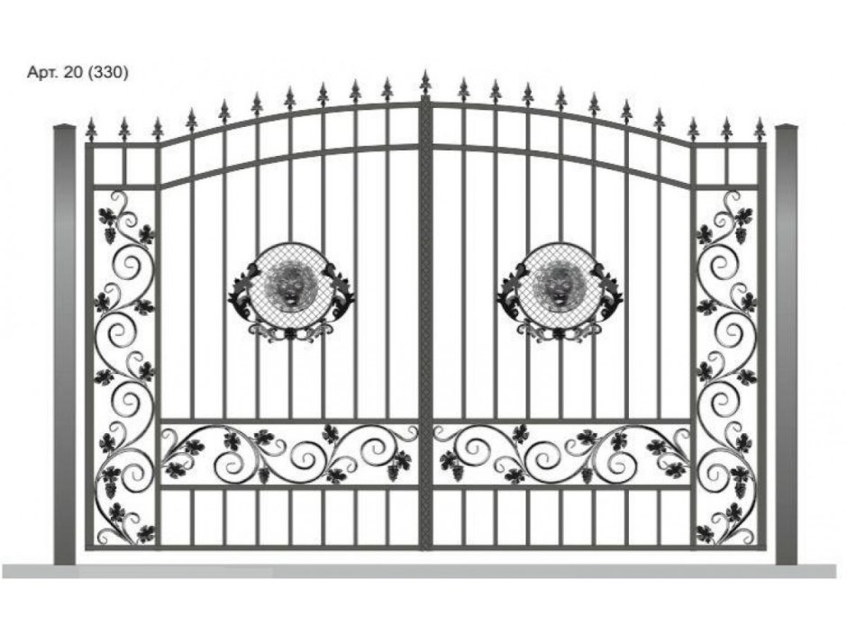 Ворота кованые двустворчатые с калиткой чертеж