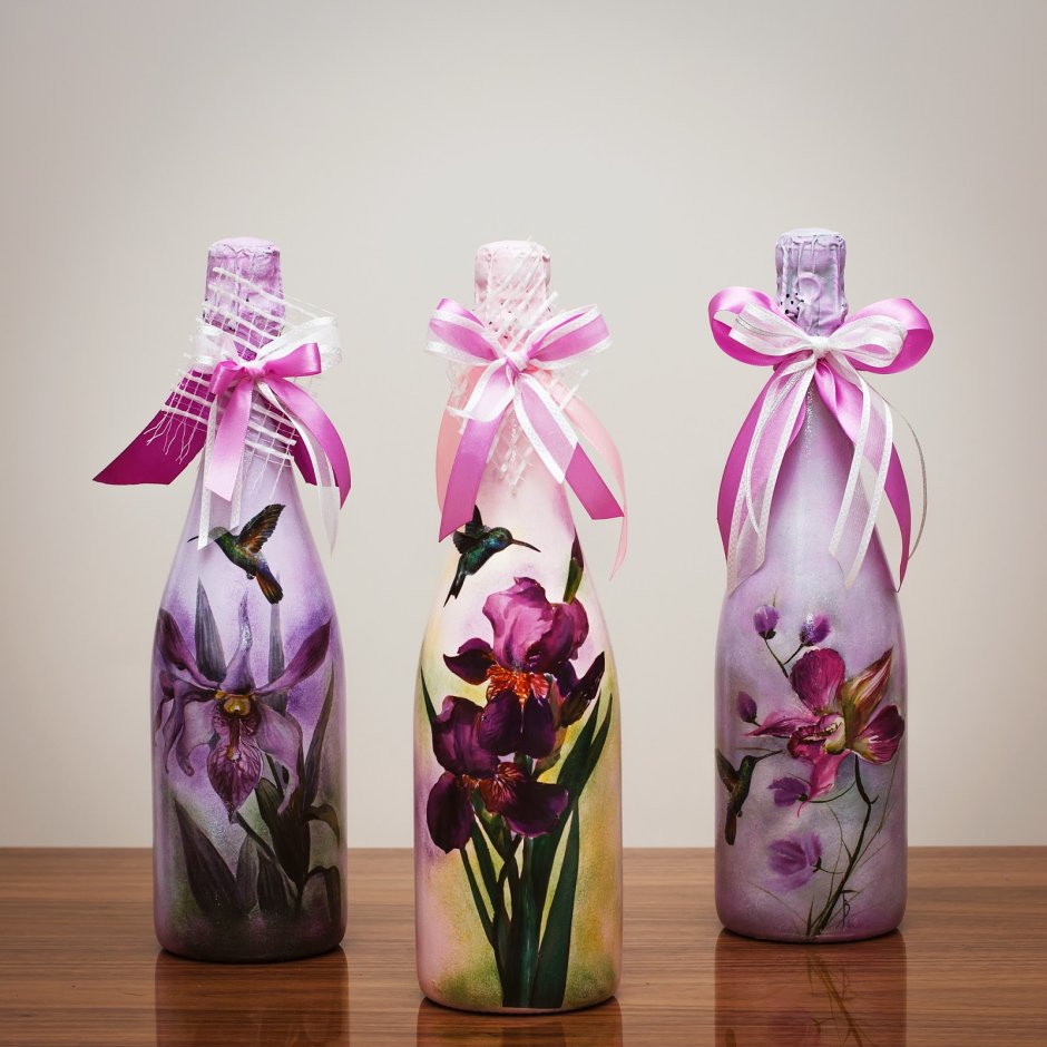 Декор бутылки цветами