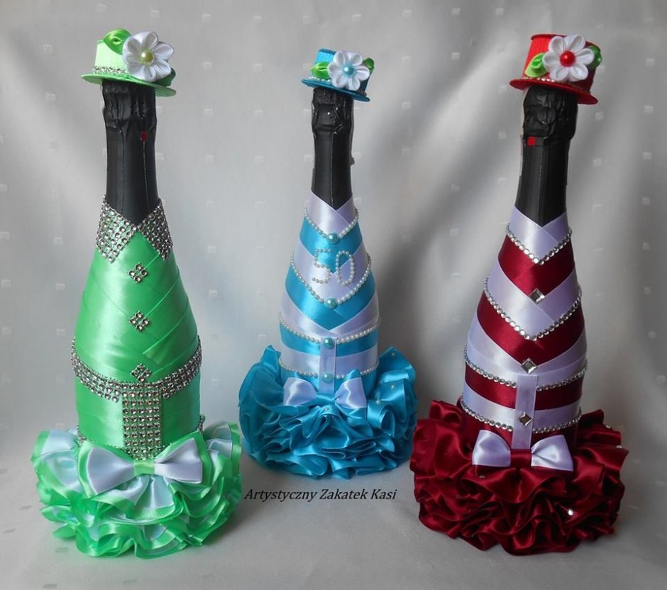 Декор бутылок лентами