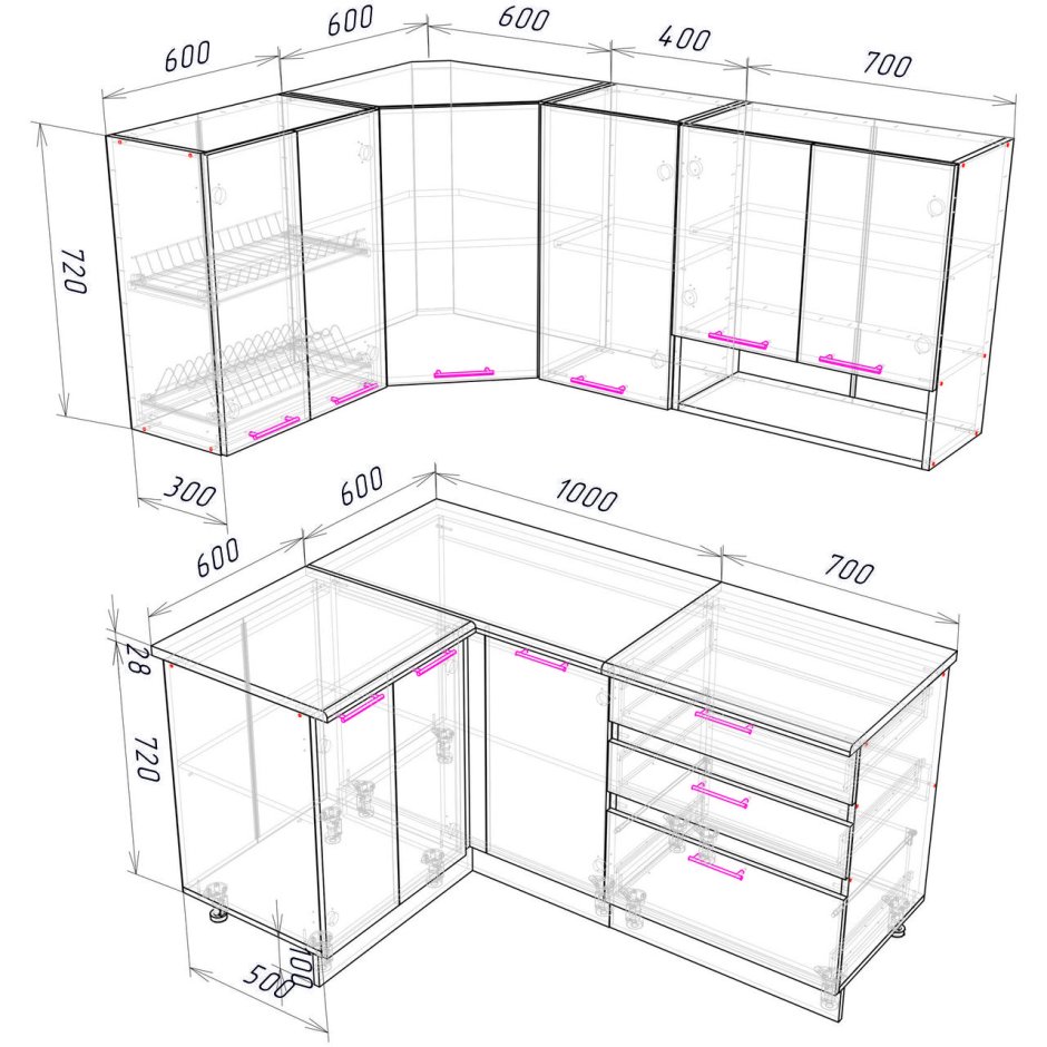 Угловой кухонный гарнитур 2000х1400 схема