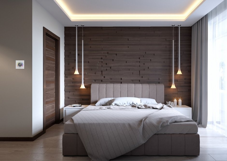 Деревянные рейки в спальне