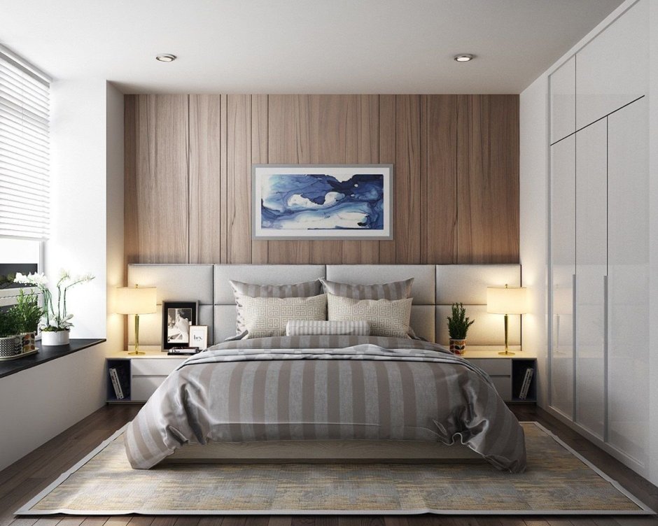 Деревянные рейки в спальне