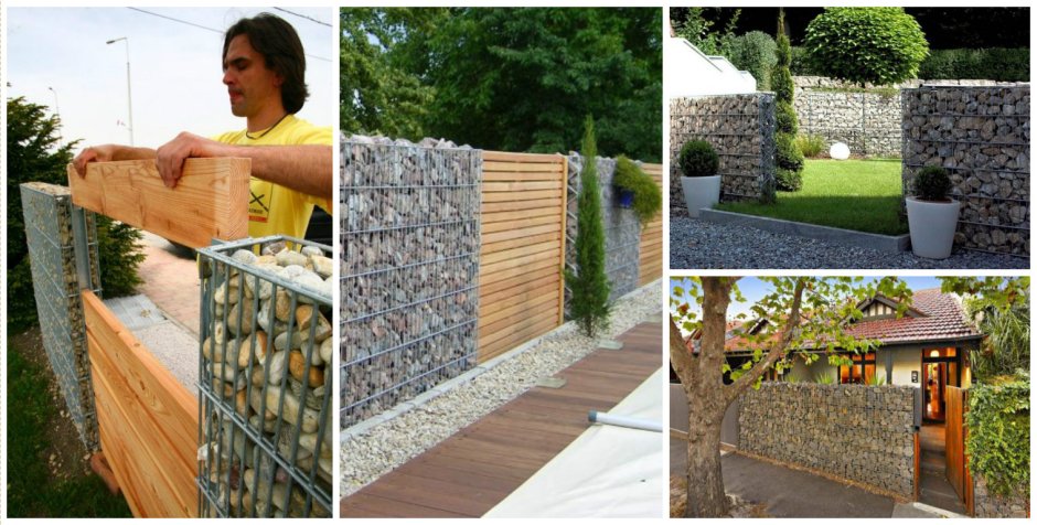 Забор деревянная доска и габионы