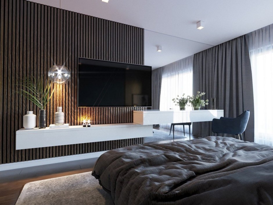 ТВ зона в спальне в современном стиле