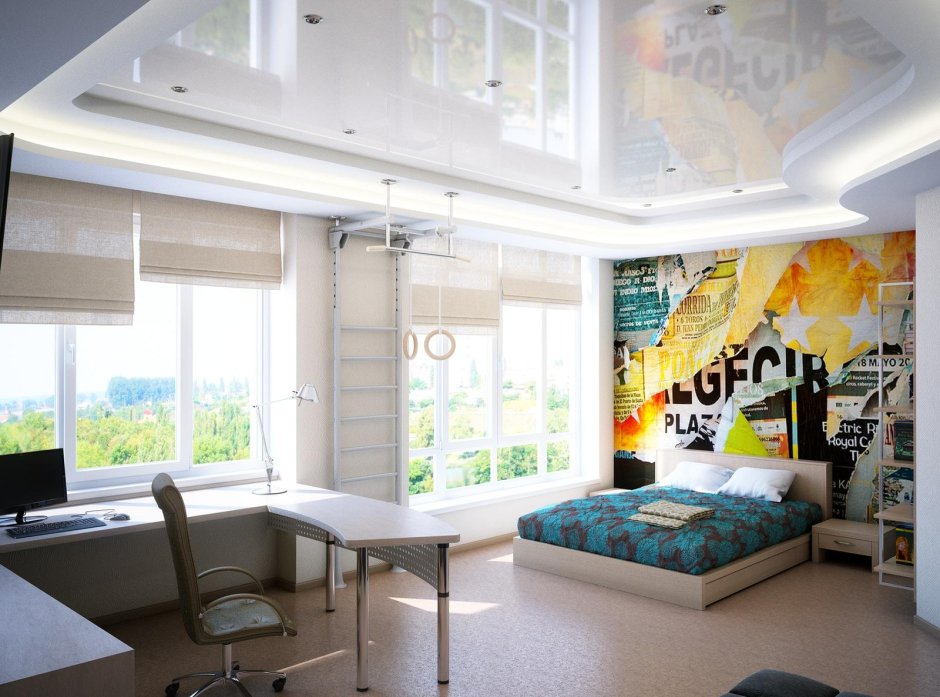 Комната подростка с большими окнами
