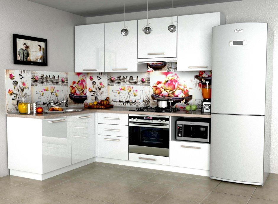 Угловая кухня белая гладкая для коллажа