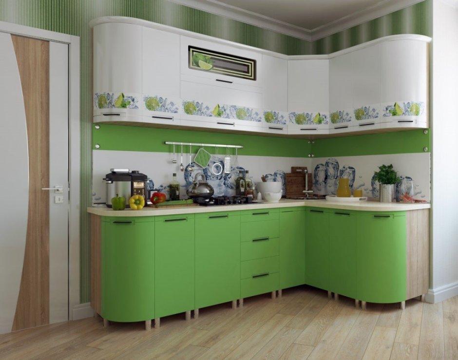 Кухонный гарнитур красный с фотопечатью на фасадах