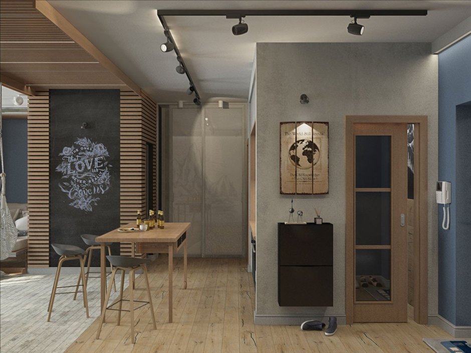 Длинный коридор переходящий в гостиную