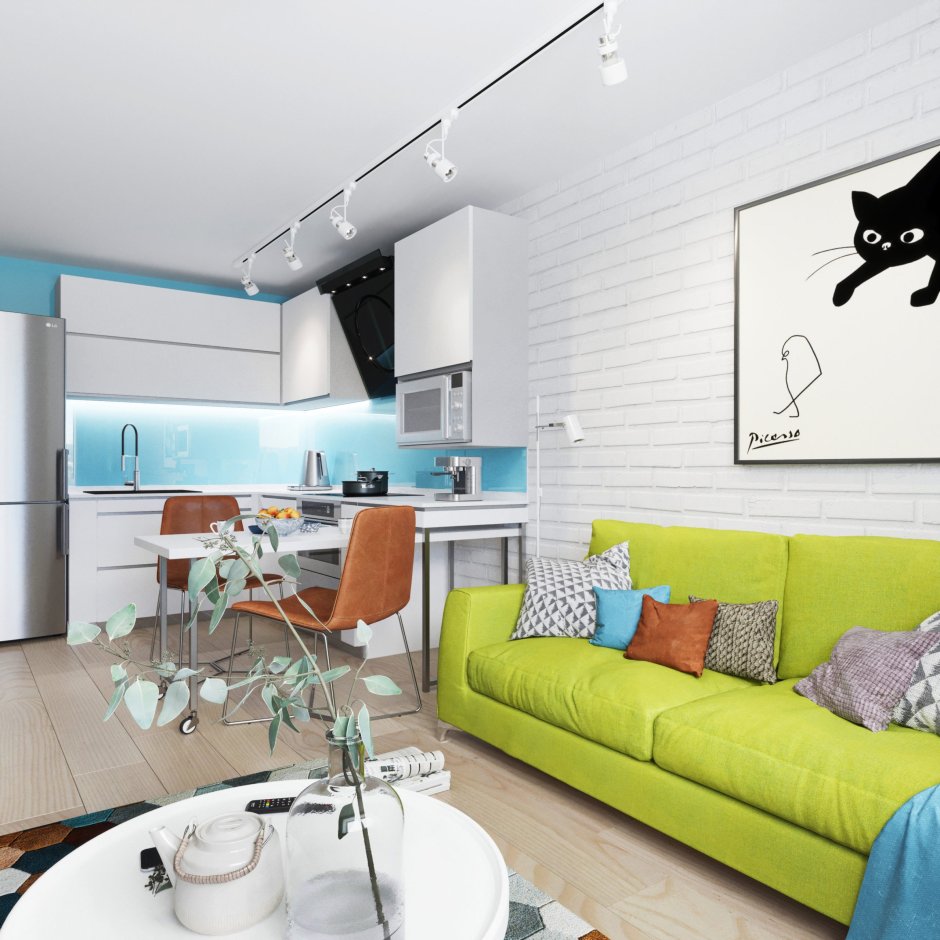 Интерьер кухни-гостиной в евродвушке