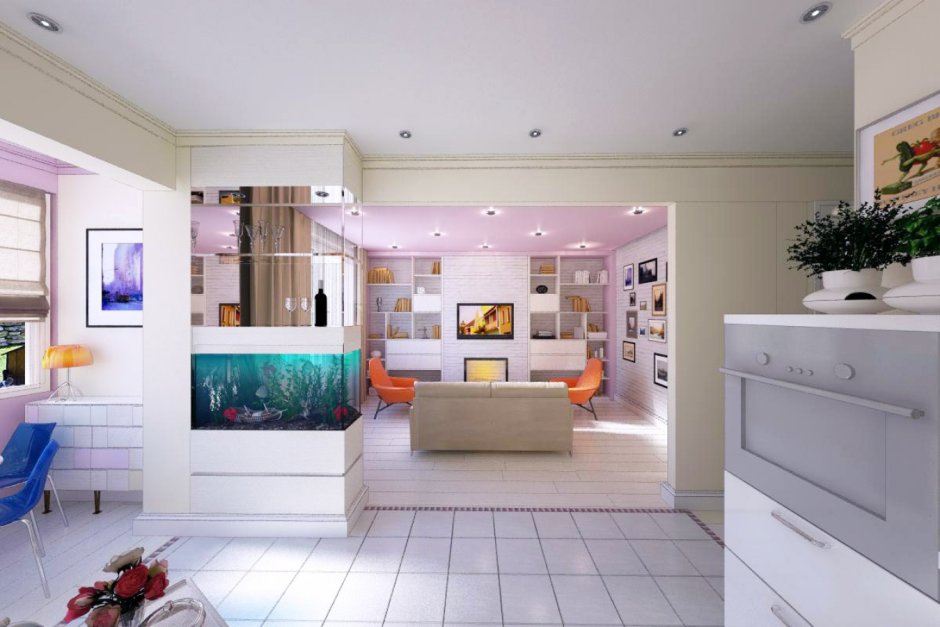 Аквариум в интерьере кухни гостиной