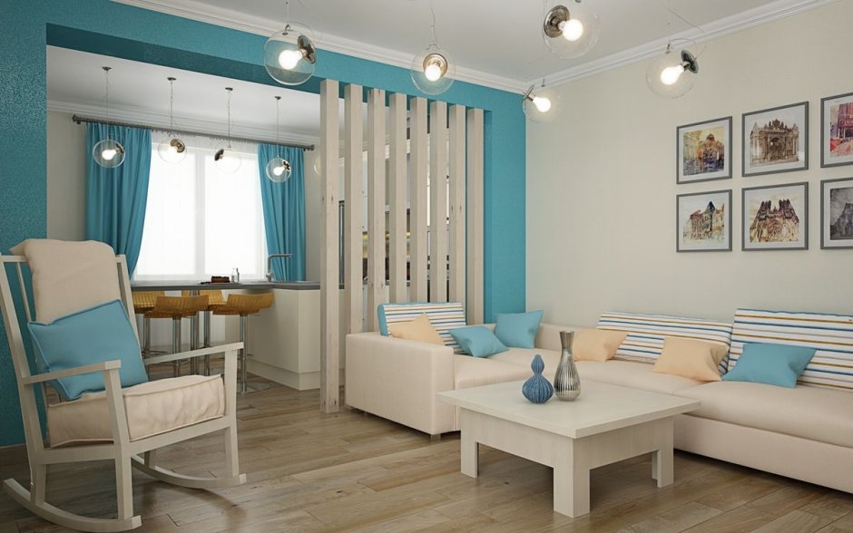 Студия в бежево голубых тонах