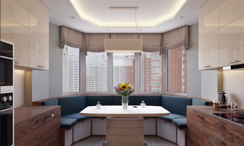 Интерьер кухни с эркером п44т