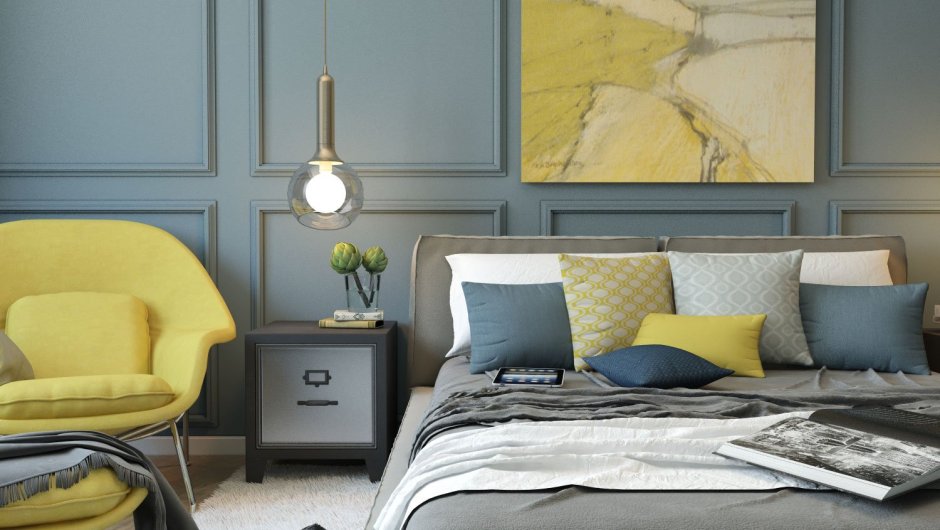Сочетание серого и желтого в интерьере
