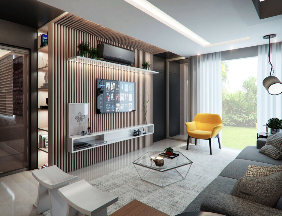 Современные гостиные с рейками