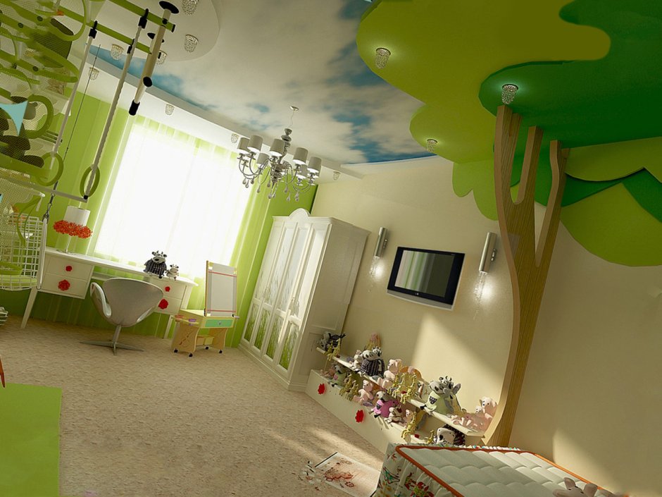 Салатовый потолок в детской
