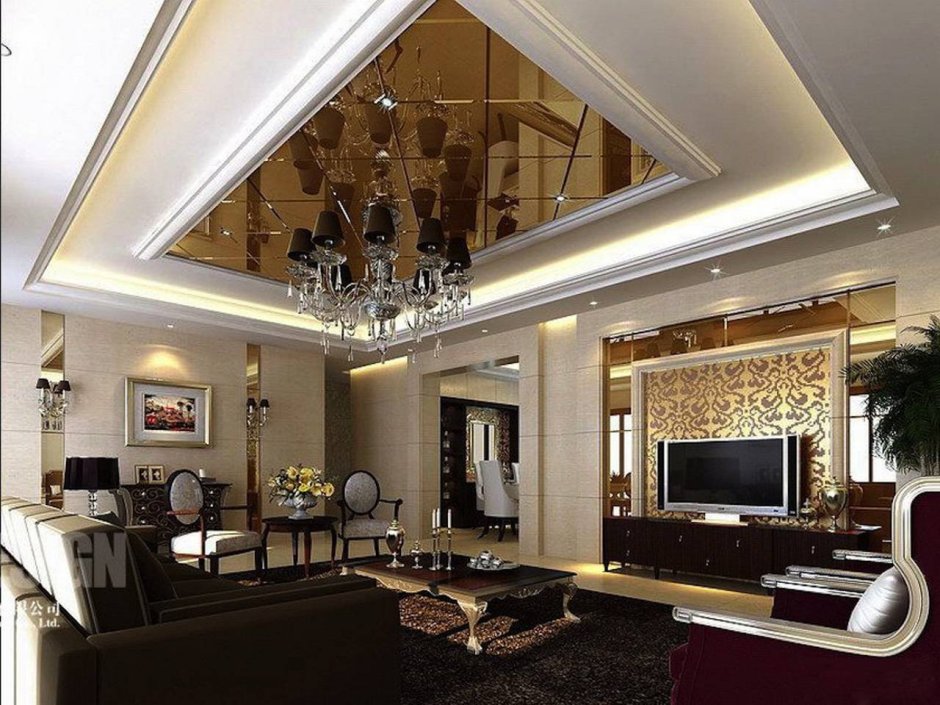 Потолок из гипсокартона для гостиной фигурный с подсветкой