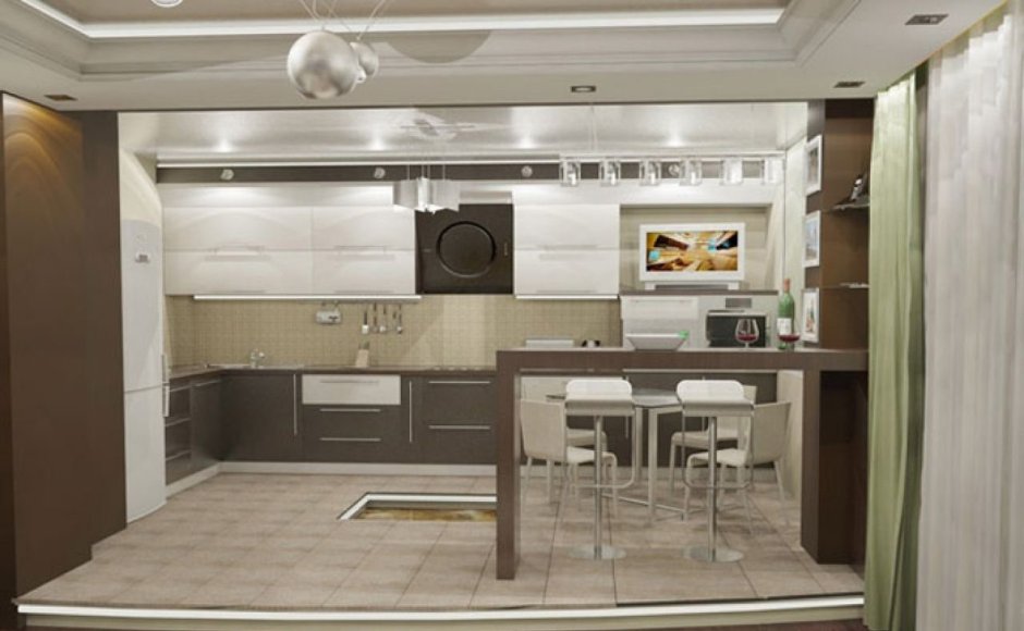 Кухня гостиная с подиумом