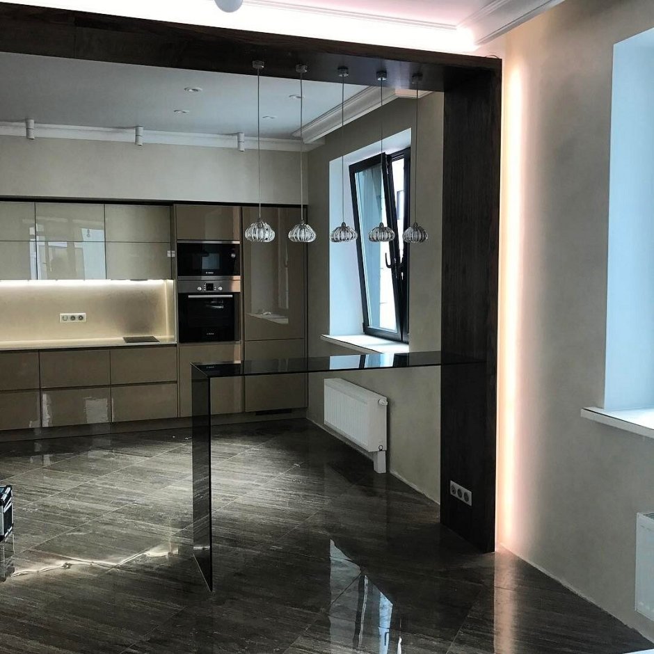 Кухня гостиная п образная с барной стойкой