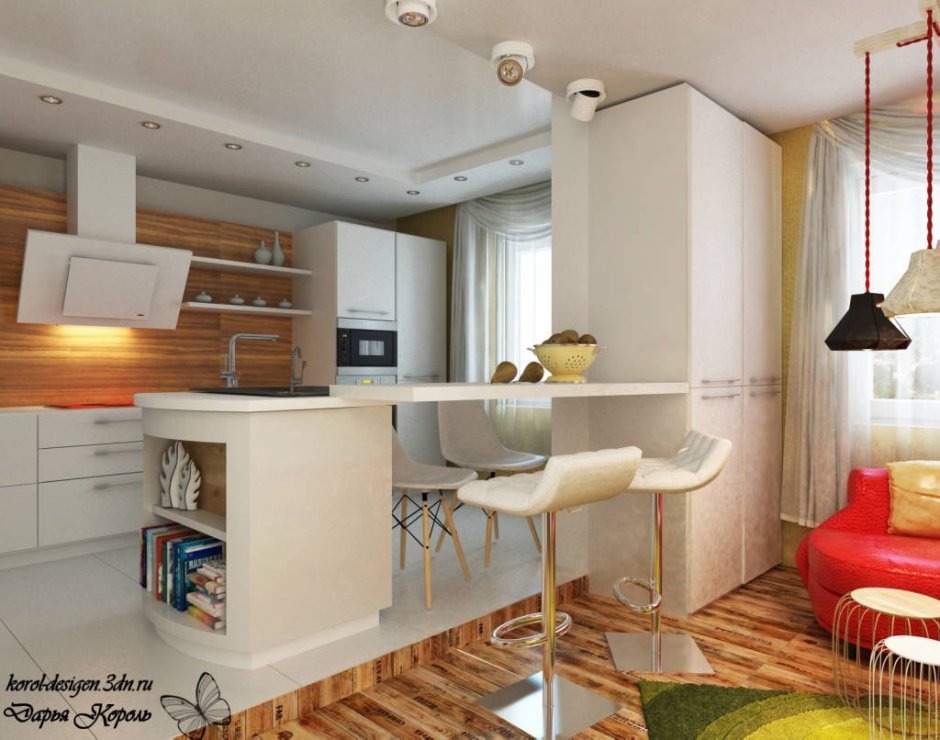 Кухня-гостиная с барной стойкой в квартире