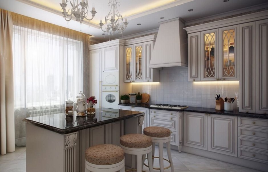 Планировка кухни с большим окном