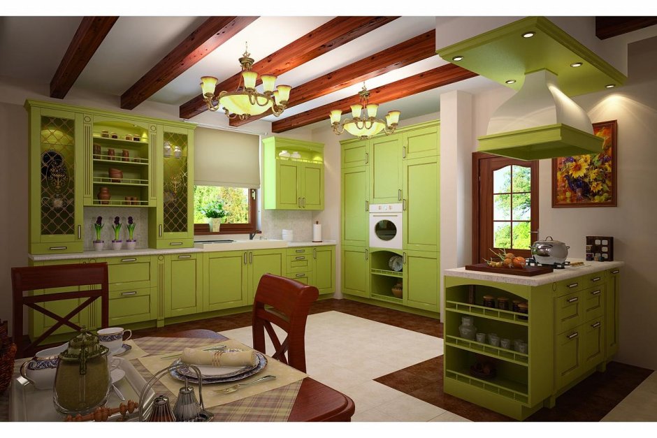 Деревянная кухня с зелеными стенами