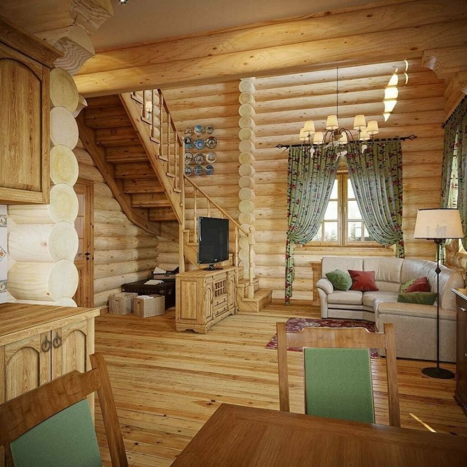 Интерьер дома из оцилиндрованного бревна со вторым светом