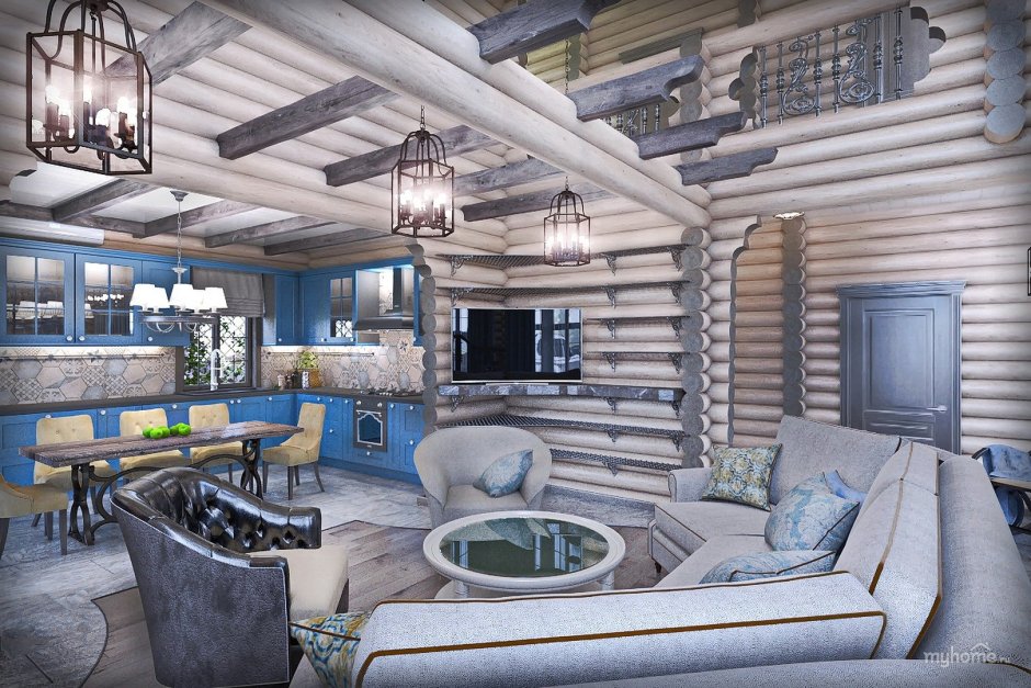 Баня из оцилиндрованного бревна с барбекю