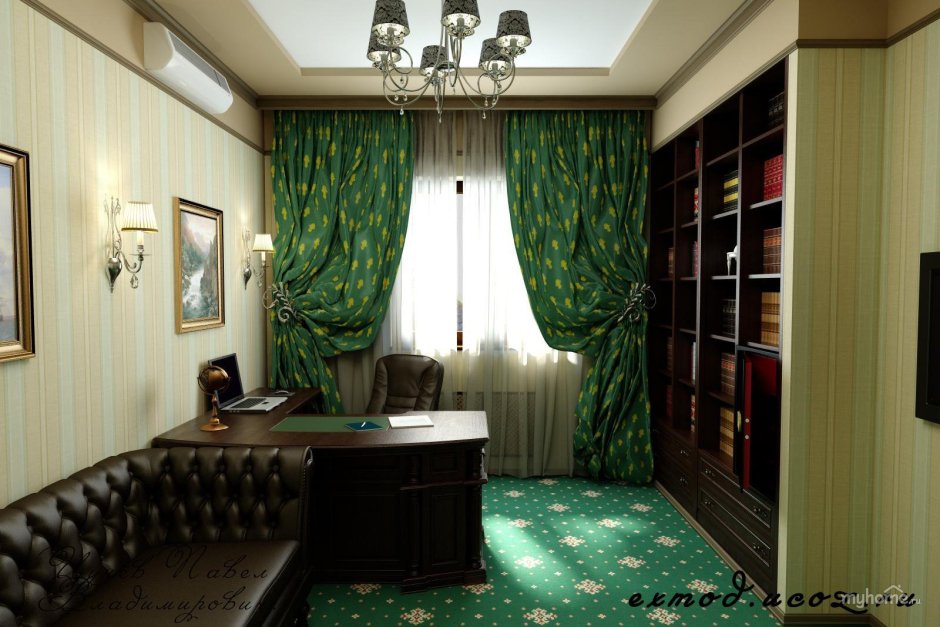 Кабинет с зелеными стенами