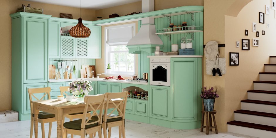 Кухня мятного цвета во французском стиле